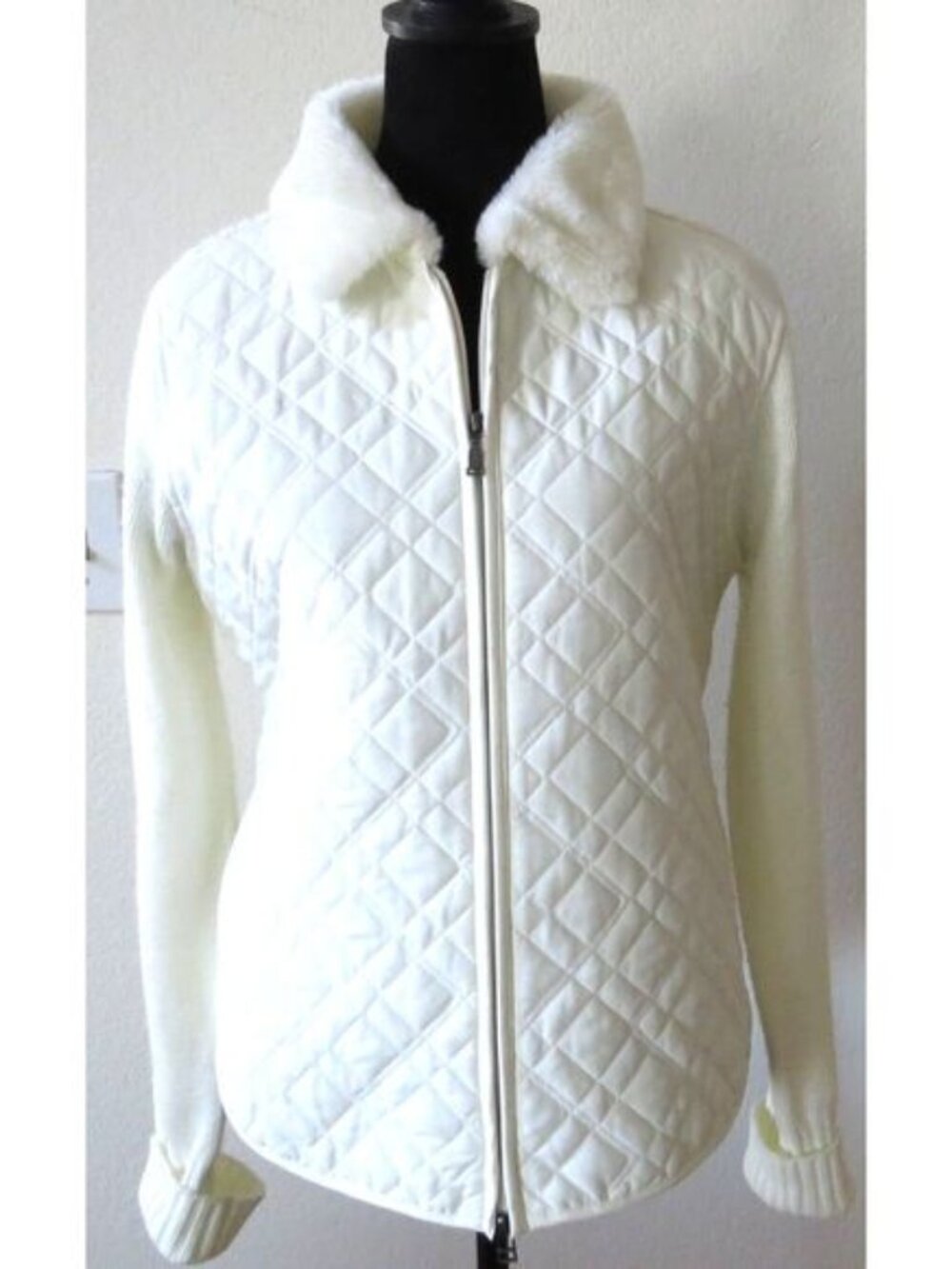 Effeci Vintage 90's Quilted Sweater Jacket Faux Fur Collar White L EUC